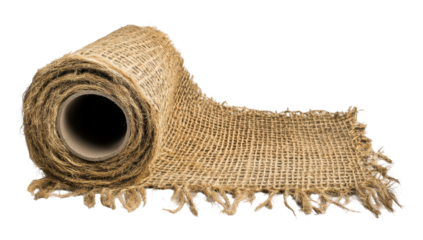 A partially unrolled roll of natural, coarse, burlap ribbon with frayed edges, showing a cardboard core