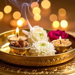 Ornate golden Puja Thali with sacred offerings, including fresh white flowers, rice, and smoking incense. A mystical Indian spiritual background for devotion, meditation, and traditional ceremonies
