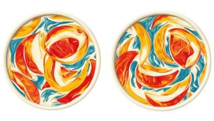 Two circular illustrations depict peach slices in swirling, stylized teal and orange hues within white bowls
