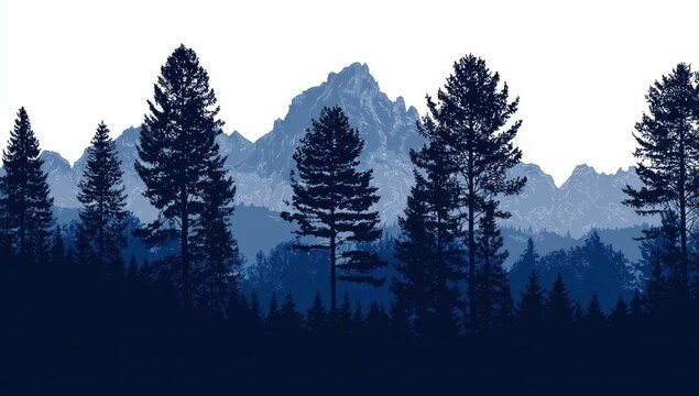 Silhouetted forest against misty mountains