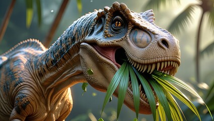 The dinosaur stretches its long neck to munch on fresh palm leaves in a prehistoric jungle, surrounded by lush vegetation and ancient trees, portraying a peaceful moment in the Mesozoic era
