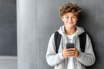 Fototapeta premium Smiling male student leaning against school wall, browsing his smartphone with relaxed expression and copy space for back to school