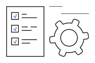 Checklist with blue checkmarks alongside a gear, symbolizing task management, productivity, and systems. Ideal for workflow, project planning, automation, teamwork, organization and operational