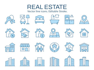 Real estate icons, such as home, house, building, property and more. Vector illustration isolated on white. Editable stroke.