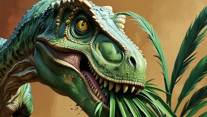 The dinosaur stretches its long neck to munch on fresh palm leaves in a prehistoric jungle, surrounded by lush vegetation and ancient trees, portraying a peaceful moment in the Mesozoic era