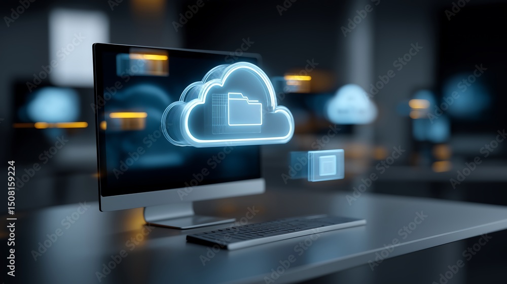 Poster augmented reality display of cloud-based document management icons—file sharing, backup, and real-ti