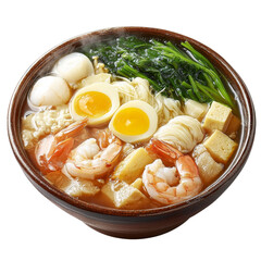 Delicious bowl of ramen with shrimp, eggs, tofu, and greens, showcasing rich broth and vibrant ingredients that evoke warmth and comfort