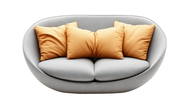 Oval-shaped light grey sofa with three mustard-yellow pillows, soft, plush upholstery, smooth curves - Powered by Adobe