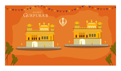Happy Gurpurab Sikh Festival Vector Banner Illustration Set - Golden Temple & Khanda-02