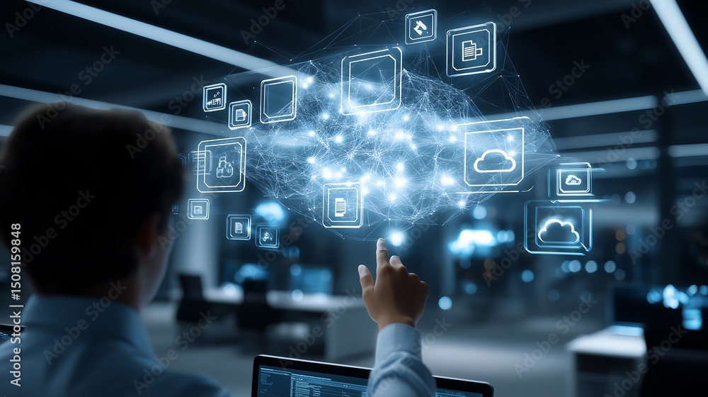 Poster futuristic office scene with a user interacting with a virtual interface showing document icons, upl