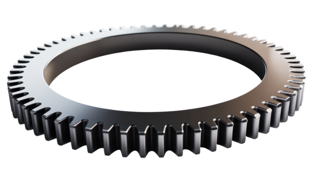 A metallic ring gear, silver-toned, with precisely cut teeth, shown in a three-quarter perspective against a black background