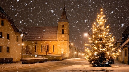 Enchanting winter wonderland with glowing Christmas lights in a serene village at night