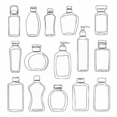 A collection of various different bottle shapes and styles. A detailed sketch outlines each vessel