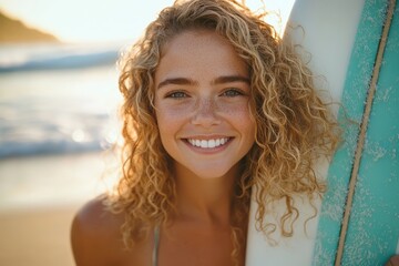Smiling Female Surfer at Beach During Golden Hour, Surfer, Surfing, Beach