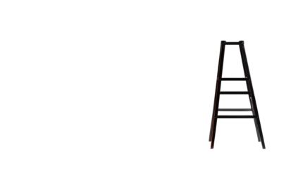 A small, dark-colored metal stepladder stands alone against a black background, slightly angled to the right