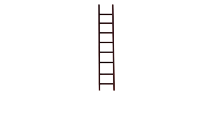 A dark brown wooden ladder stands vertically against a pitch-black background; slight color variations suggest texture and wear