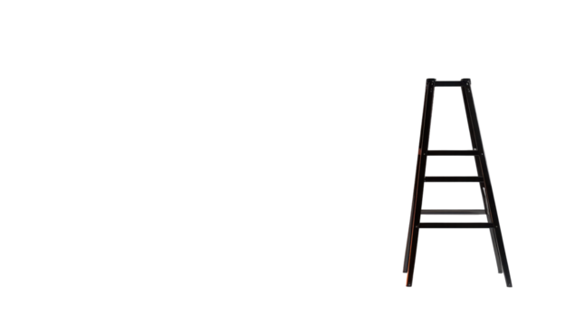 A small, dark-colored metal stepladder stands alone against a black background, slightly angled to the right