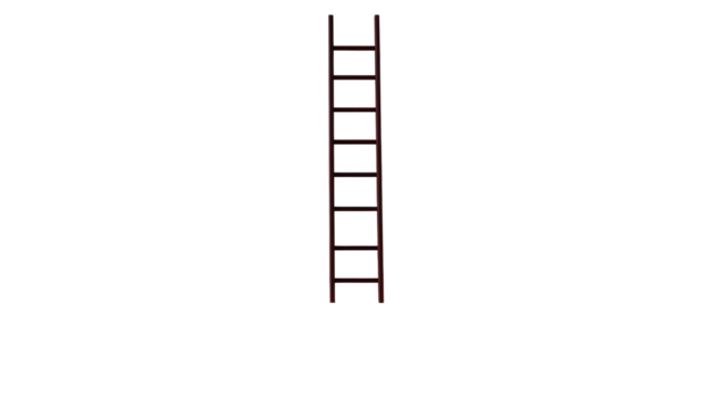 A dark brown wooden ladder stands vertically against a pitch-black background; slight color variations suggest texture and wear
