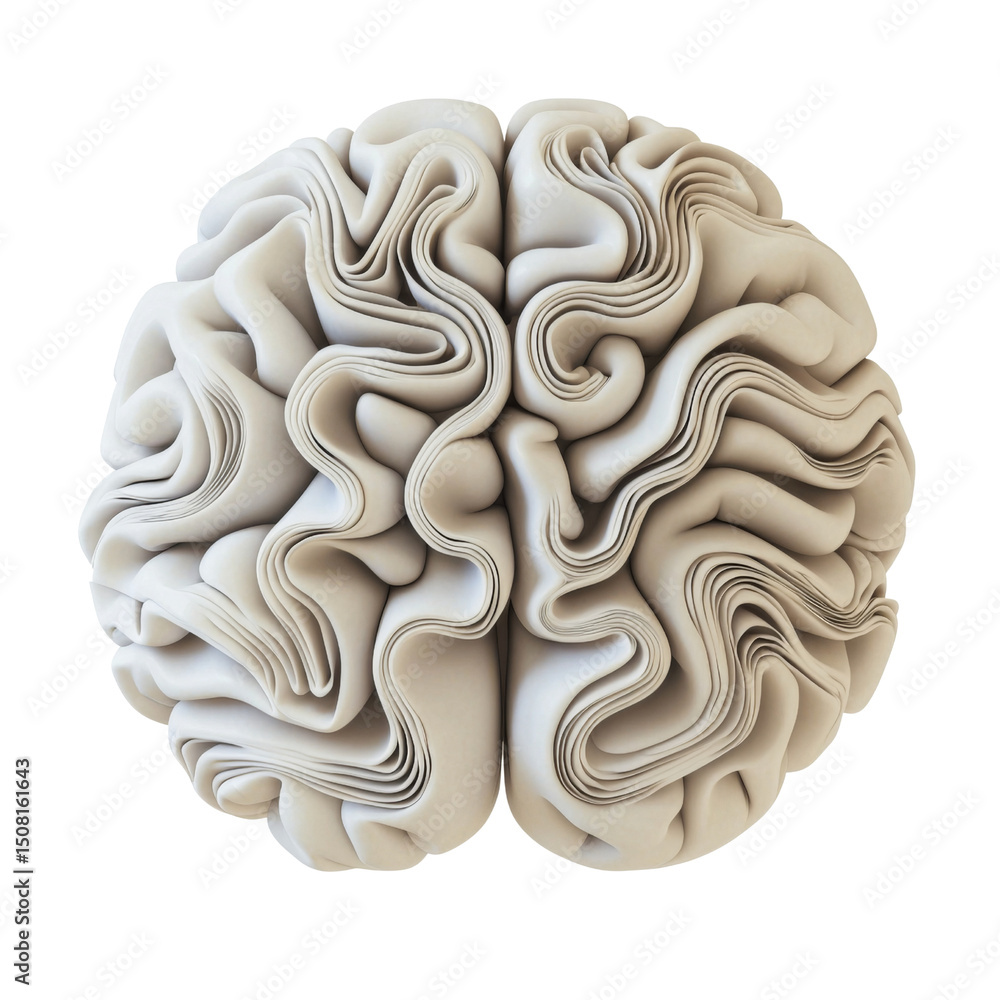 Poster detailed and artistic representation of brain sculpture, showcasing intricate folds and curves, symbolizing creativity and intelligence. This unique design emphasizes complexity of thought and