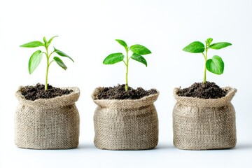 Three small plants growing in burlap sacks
