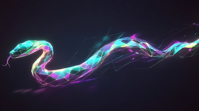 A glowing geometric snake designed with multi-colored lines--turquoise, violet, and electric lime--moving fluidly across the dark canvas. Its glowing body trails behind it like a neon streak. - Powered by Adobe
