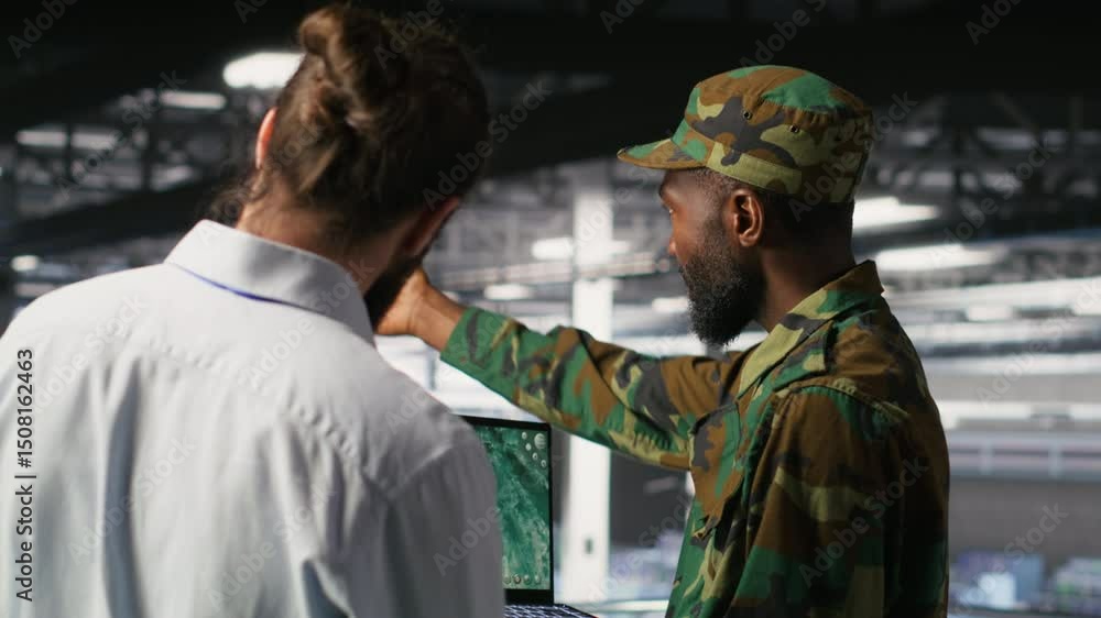 Poster military experts in data center reviewing drone surveillance feed on laptop screen. army units in hi
