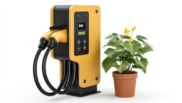 Electric vehicle charging station beside a potted plant