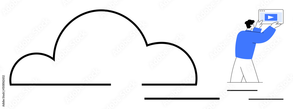 Poster large cloud outline symbolizing digital storage with a person holding a tablet showing content. idea