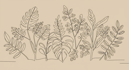 Elegant Line Art Botanical Illustration Tropical Exotic Leaves Minimalist Floral Design