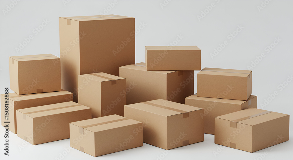 Poster cardboard boxes of various sizes stacked and arranged in a studio setting. a collection of neutral, 
