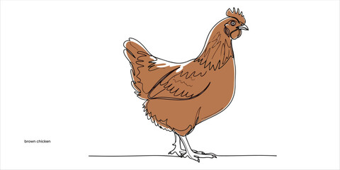 Full body of brown chicken hen standing continuous single line art drawing sketch on white background