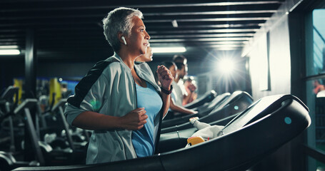 Runner, earphones and music with woman on treadmill for workout playlist, training club and health....
