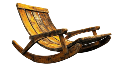 Weathered wooden rocking chair, curved back, rustic, worn, showing age and texture