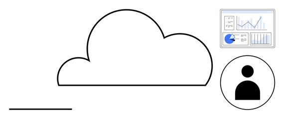Cloud with user account icon and analytics dashboard featuring charts and graphs. Ideal for technology, cloud storage, data analytics, user management, business tools, online services, simple landing