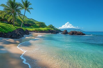 Tropical beach, palm trees, clear water, volcanic rocks, island background; travel brochure