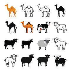 set of animals camel cow and sheep colorful outline and silhouette 16 set icon isolated on white background