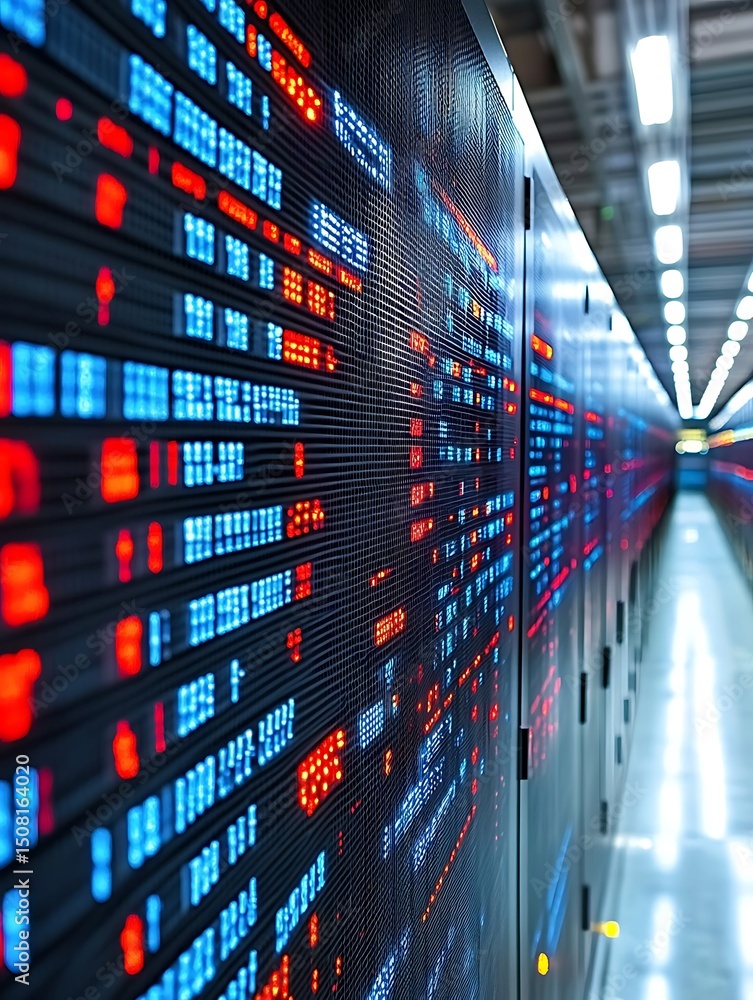 Poster rows of colorful data displays in a server room