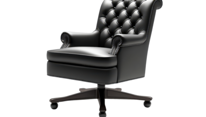 A black leather executive chair with a tufted back, rolled arms, and a swivel base on casters