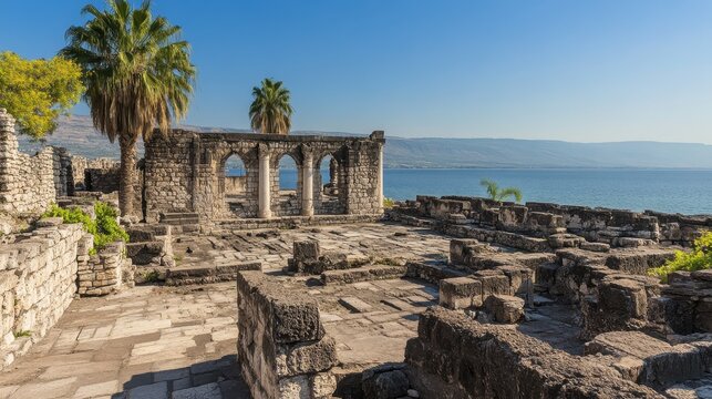 Israel Galilee. Ancient Synagogue in Capernaum, Jesus Christ Biblical Site