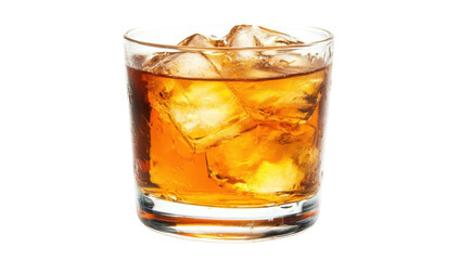 Amber liquid in a rocks glass with ice cubes