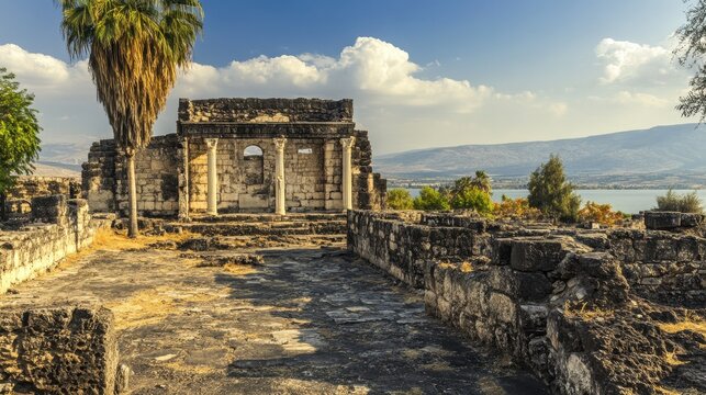 Israel Galilee - Ancient Synagogue in Capernaum, Biblical Ruin by Sea