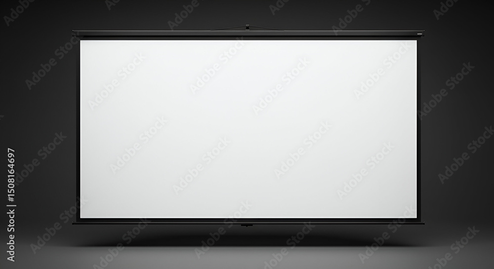 Poster empty projector screen with black frame hanging in dark room. blank presentation display ready for p