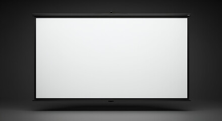 Empty projector screen with black frame hanging in dark room. Blank presentation display ready for projection.