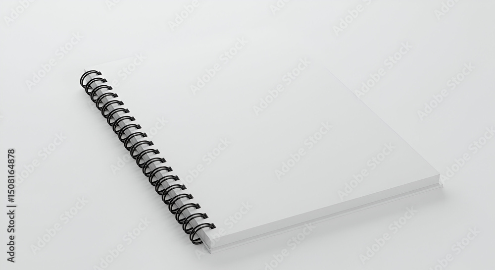 Poster blank spiral-bound notebook resting on a white surface. a minimalist, generic notebook displays its 