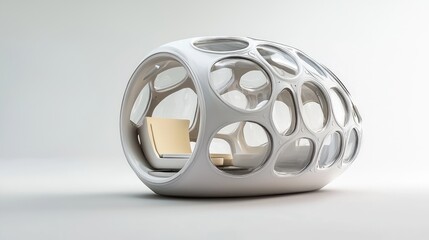 Modern, abstract, shell-like structure with interior space.