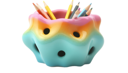 Pastel-colored, wavy ceramic pencil holder with multiple holes, containing colored pencils