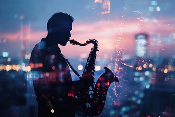 Jazz Band Silhouette. Saxophone musician in double exposure with blurry trio and twilight cityscape