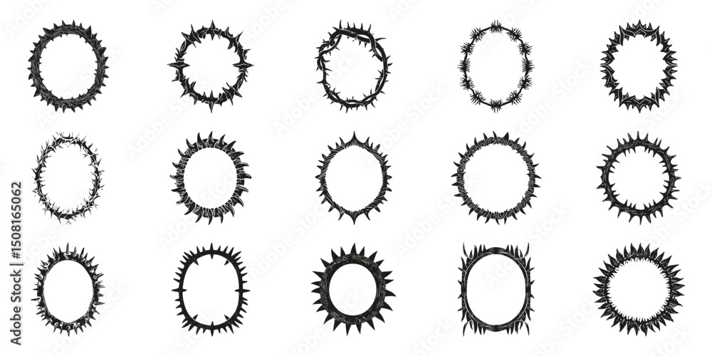 Poster thorny circular frame designs set. gothic and edgy decorative elements collection. isolated vector i