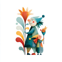 Naklejka premium Cartoon clown illustration with a festive flower bouquet, perfect for a fun birthday celebration or winter carnival