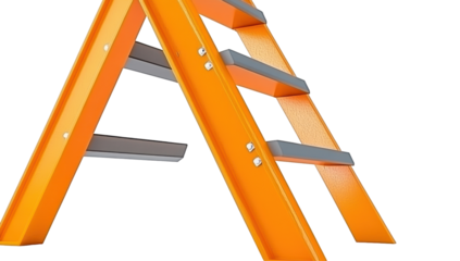 A vibrant orange, three-step folding stepladder, angled, showcasing sturdy construction and grey treads